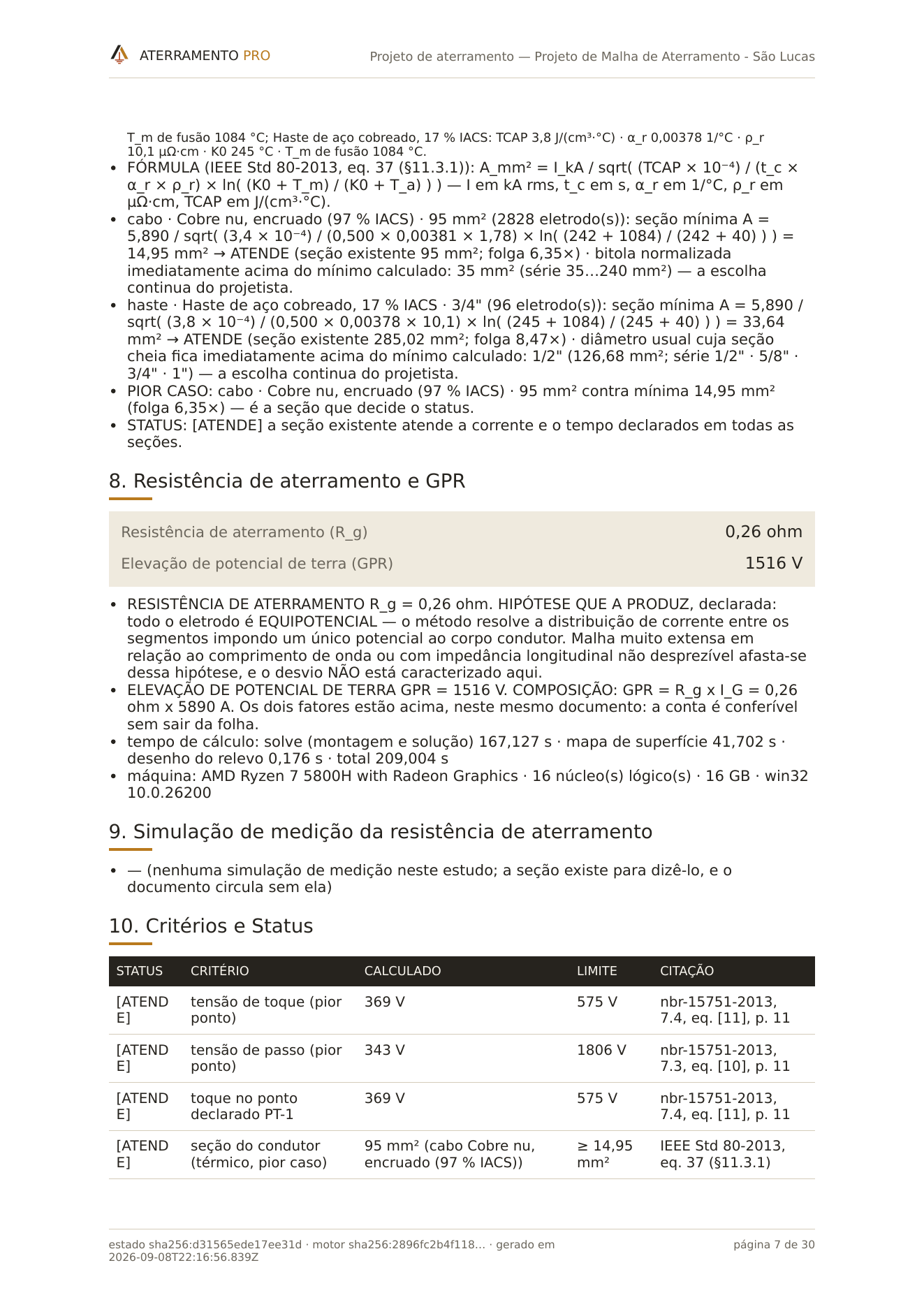 Página real 7 de 30: dimensionamento, resistência, GPR e critérios do exemplo demonstrativo.